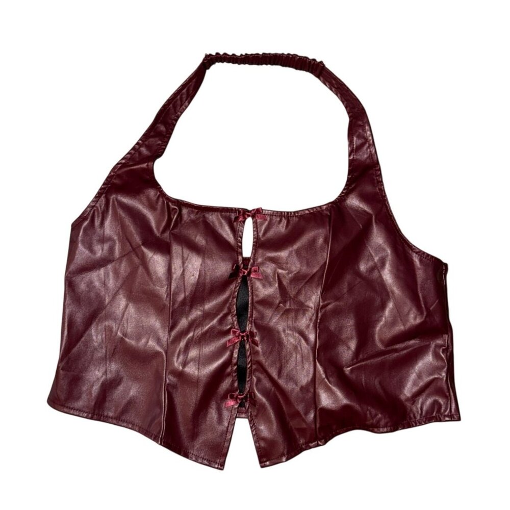 Shein Curve 2XL Burgundy Faux Leather Crop Top With Ribbon Detailing